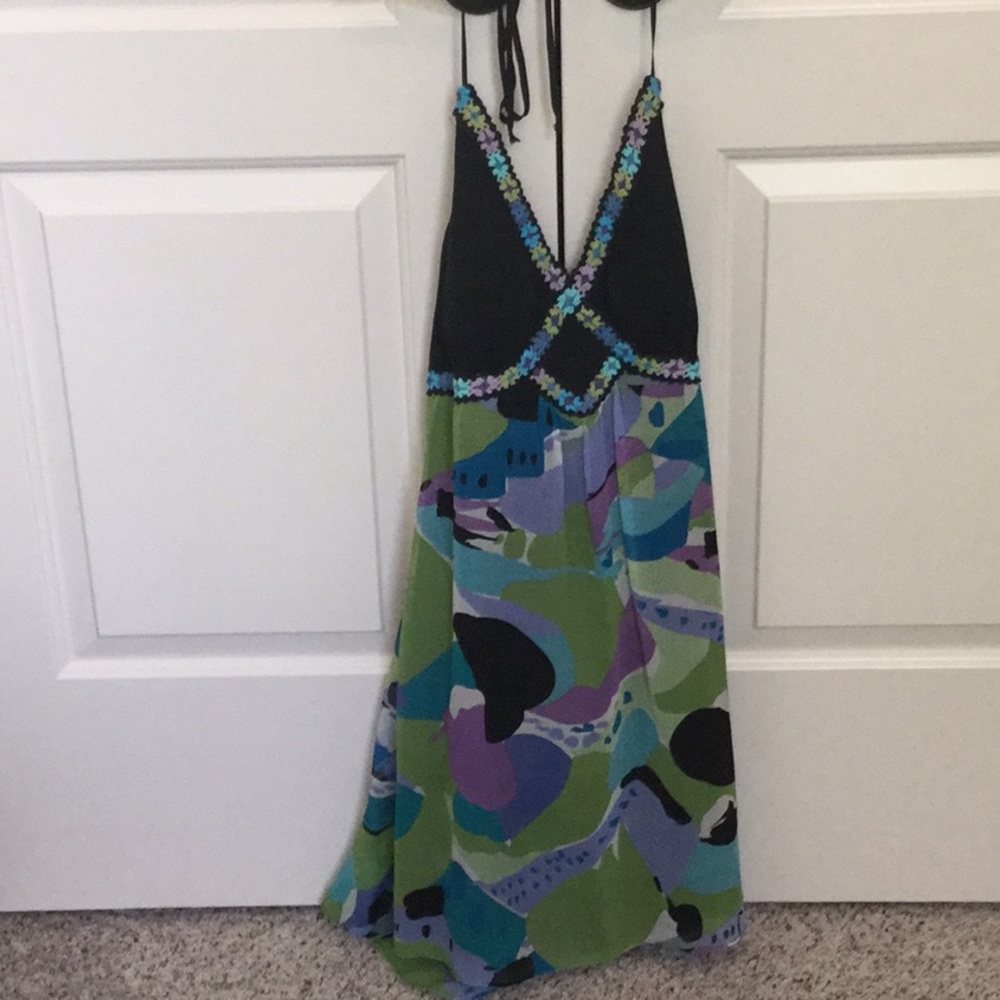 Petite halter dress with flower trim